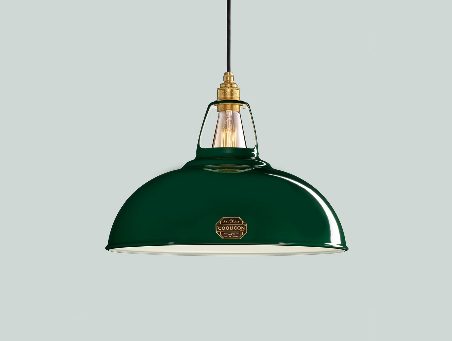 Large Green Coolicon lampshade with a Signature Brass pendant set over a light green background