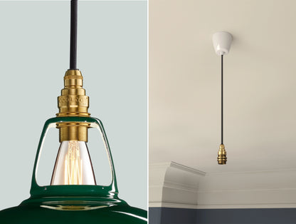 Two photos. On the left a close up of a Green Coolicon lampshade with a Brass pendant set. On the right a Brass pendant set with the braided cable, a white Vitreous Enamel ceiling cup is hanging from the ceiling