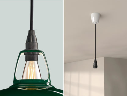 Two photos. On the left a close up of a Green Coolicon lampshade with a black Industrial style pendant set. On the right an Industrial pendant set with the braided cable, a white Vitreous Enamel ceiling cup is hanging from the ceiling