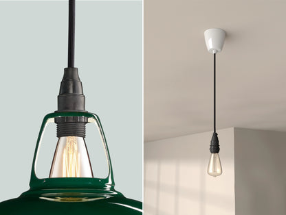 Two photos. On the left a close up of a Green Coolicon lampshade with a black Industrial style pendant set. On the right an Industrial pendant set with the braided cable, a white Vitreous Enamel ceiling cup and a lightbulb is hanging from the ceiling