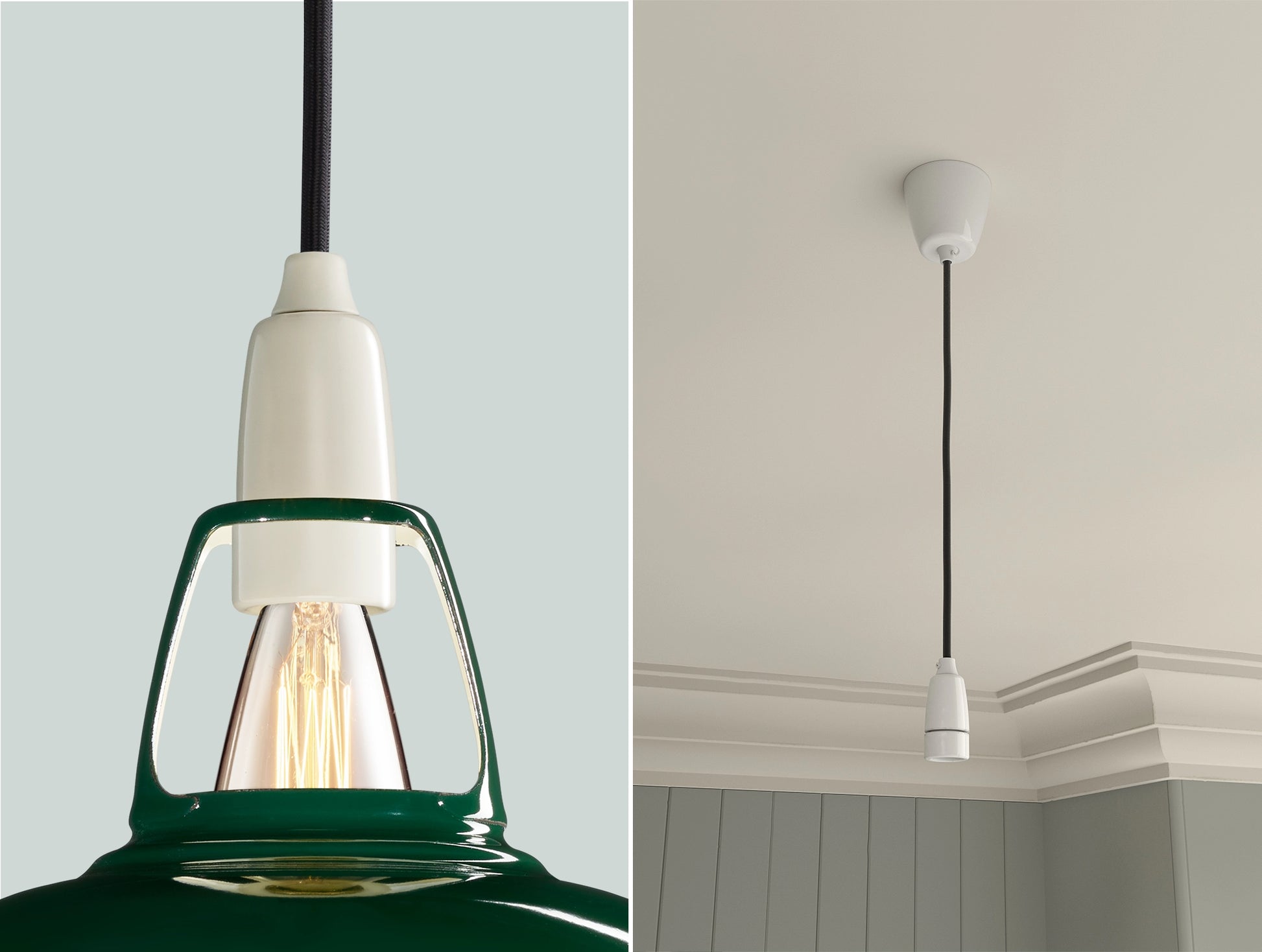 Two photos. On the left a close up of a Green Coolicon lampshade with a white porcelain style pendant set. On the right a photo of a white porcelain pendant set with the braided cable, a white Vitreous Enamel ceiling cup is hanging from the ceiling