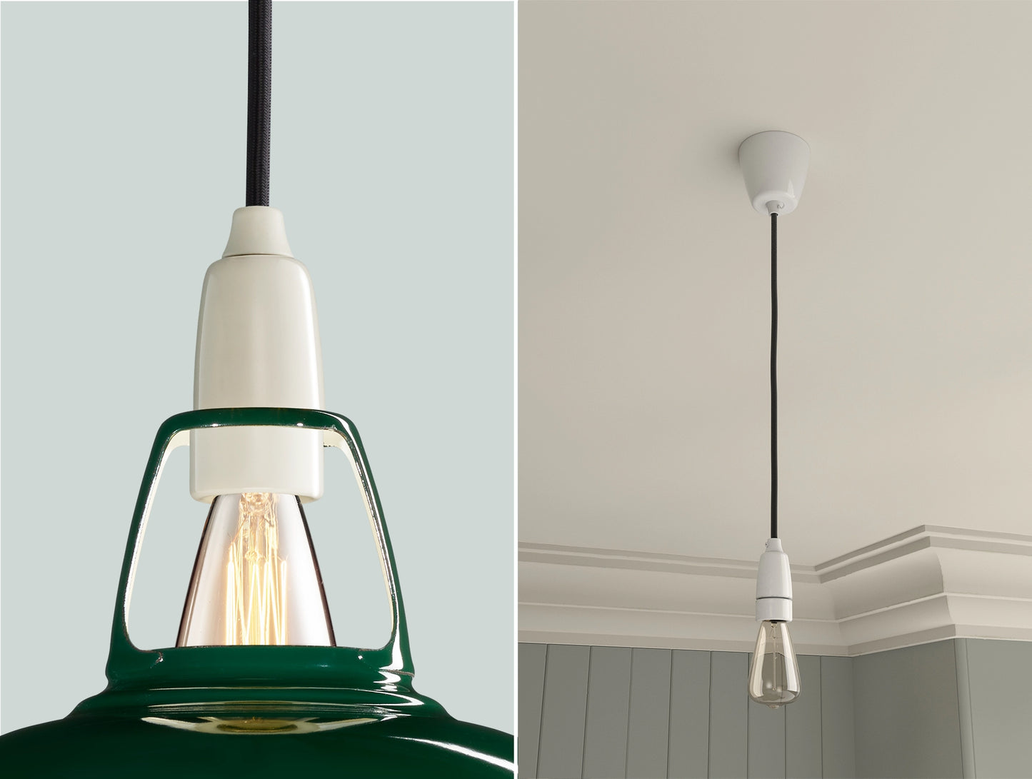 Two photos. On the left a close up of a Green Coolicon lampshade with a white porcelain style pendant set. On the right a photo of a white porcelain pendant set with the braided cable, a white Vitreous Enamel ceiling cup and a lightbulb is hanging from the ceiling