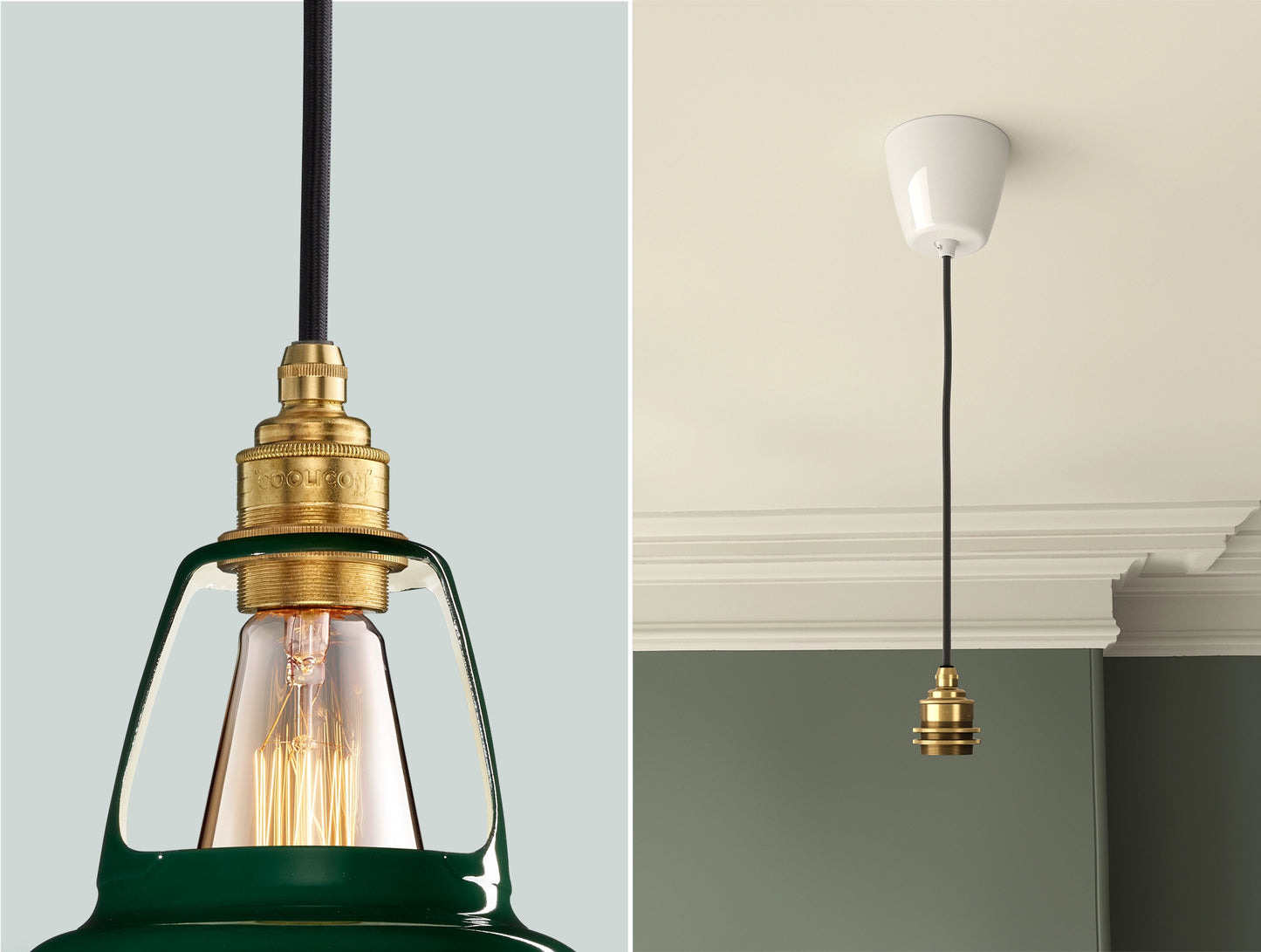 Two photos. On the left a close up of a Green Coolicon lampshade with a Brass pendant set. On the right a Brass pendant set with the braided cable, a white Vitreous Enamel ceiling cup is hanging from the ceiling