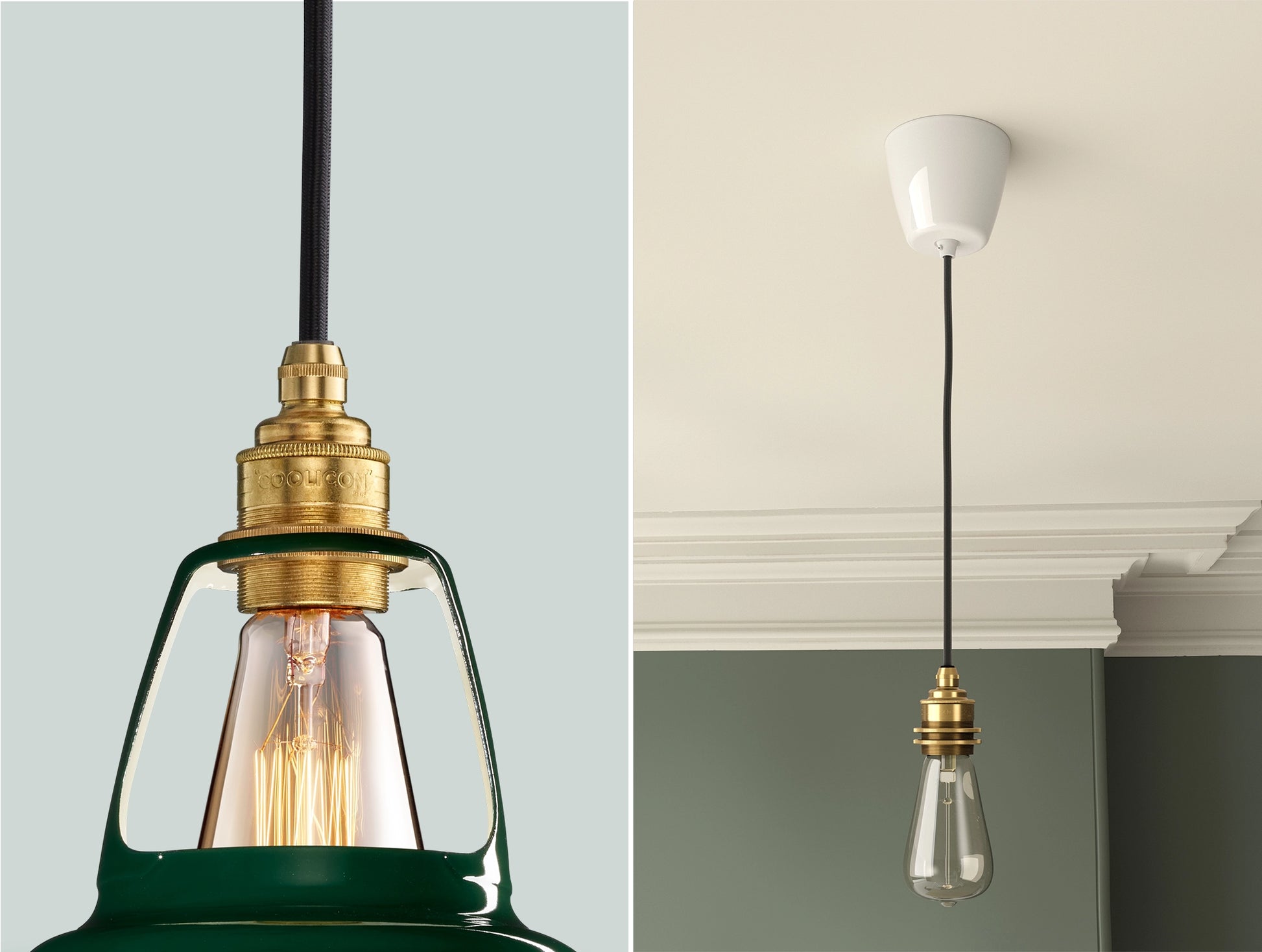 Two photos. On the left a close up of a Green Coolicon lampshade with a Brass pendant set. On the right a Brass pendant set with the braided cable, a white Vitreous Enamel ceiling cup and a lightbulb is hanging from the ceiling