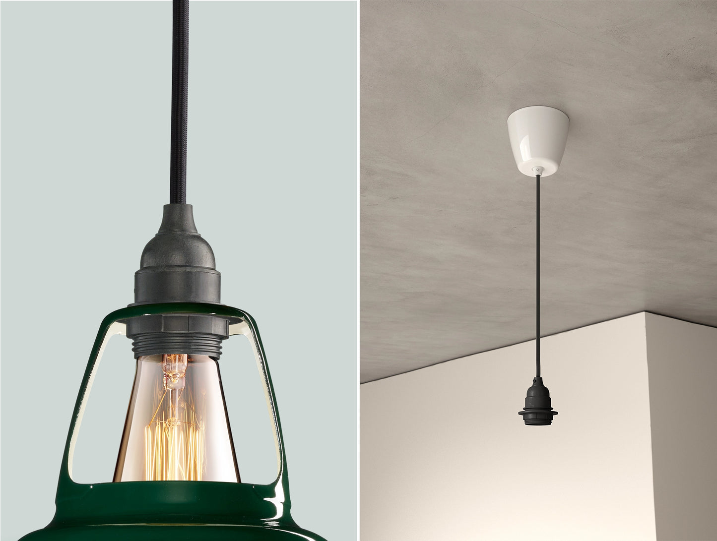 Two photos. On the left a close up of a Green Coolicon lampshade with a black Industrial style pendant set. On the right an Industrial pendant set with the braided cable, a white Vitreous Enamel ceiling cup is hanging from the ceiling