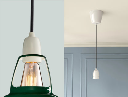 Two photos. On the left a close up of a Green Coolicon lampshade with a white porcelain style pendant set. On the right a white porcelain pendant set with the braided cable, a white Vitreous Enamel ceiling cup is hanging from the ceiling
