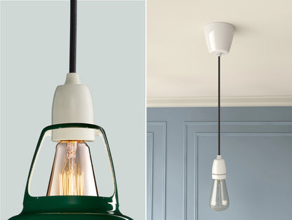 Two photos. On the left a close up of a Green Coolicon lampshade with a white porcelain style pendant set. On the right a white porcelain pendant set with the braided cable, a white Vitreous Enamel ceiling cup and a lightbulb is hanging from the ceiling