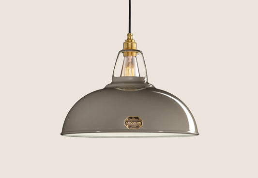 Large Original Grey Coolicon lampshade with a Signature Brass pendant set over a light grey background