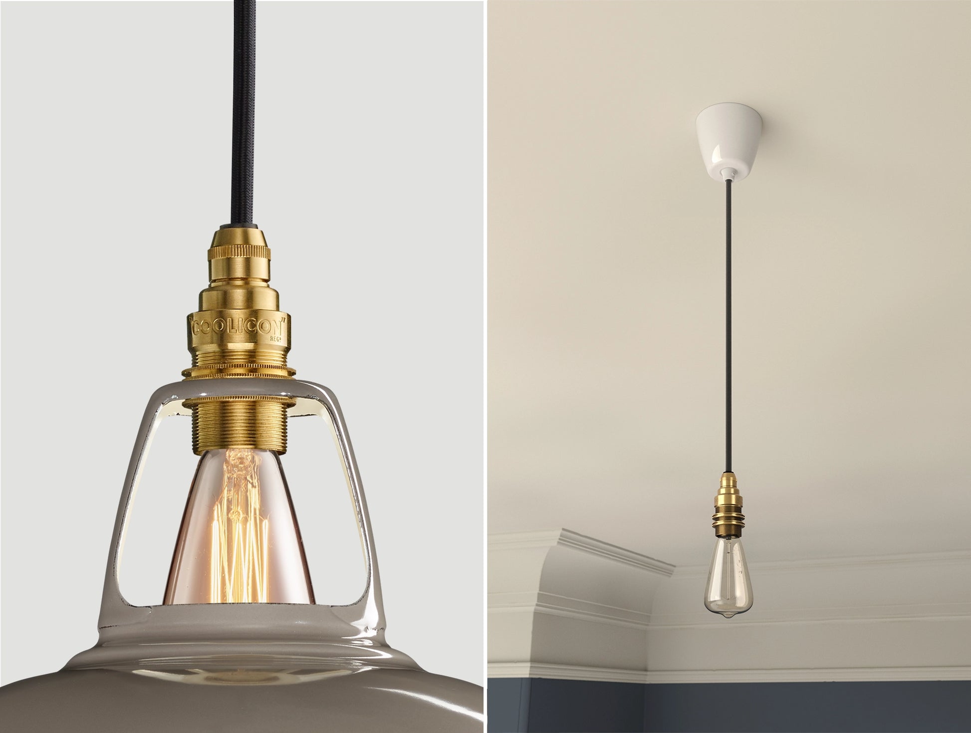 Close up of an E14 Signature Brass suspension set on an Original Grey lampshade on the left. On the right, an E14 Brass pendant set with a lightbulb is hanging from the ceiling