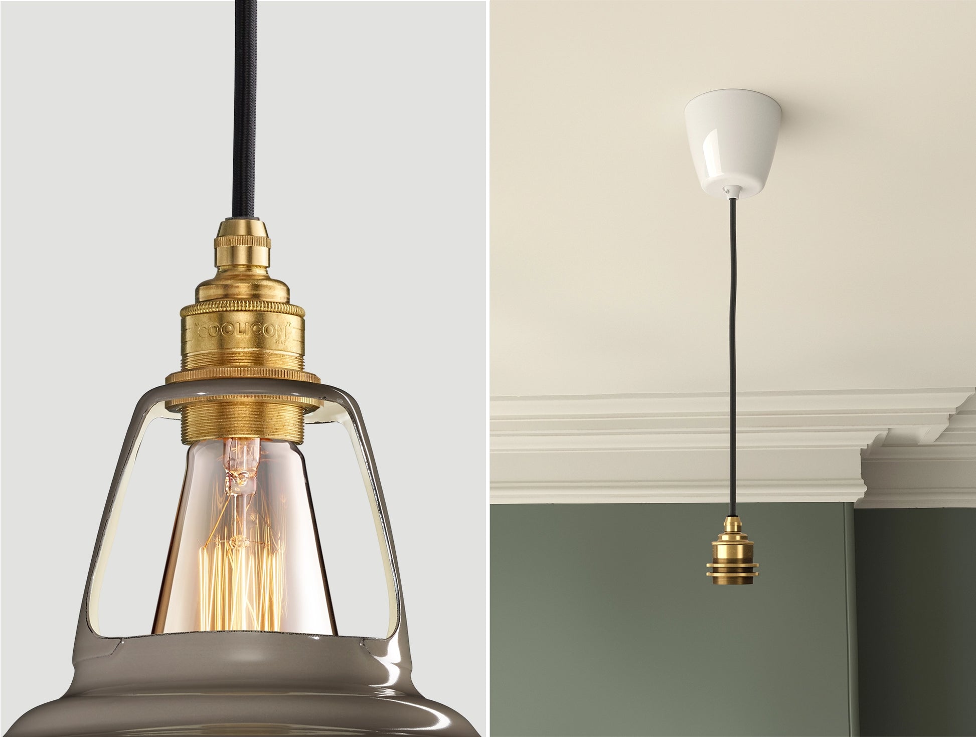 Close up of an E27 Signature Brass suspension set on an Original Grey lampshade on the left. On the right, an E27 Brass pendant set is hanging from the ceiling
