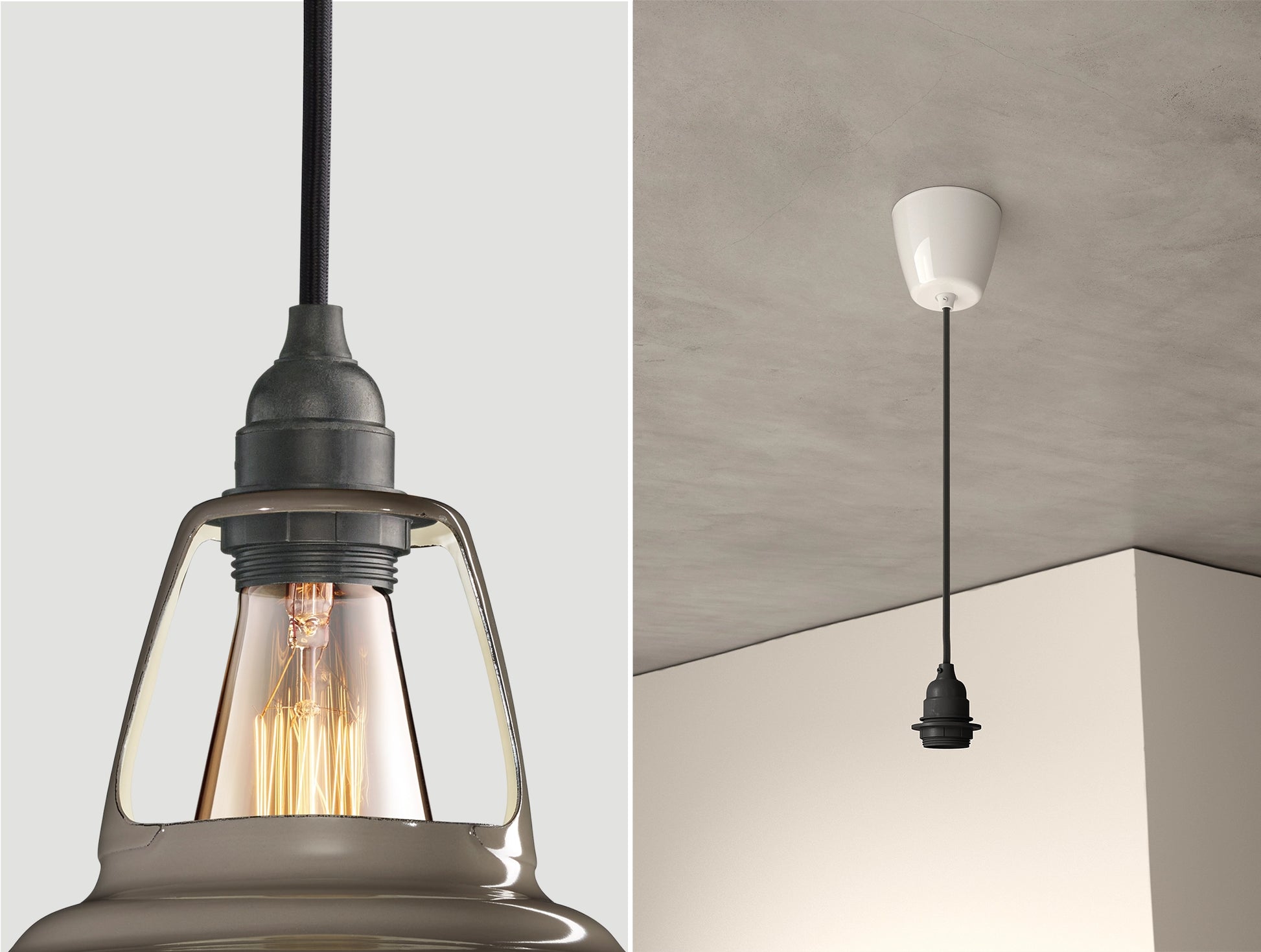 Close up of an E27 Industrial suspension set on an Original Grey lampshade on the left. On the right, an E27 Industrial pendant set is hanging from the ceiling