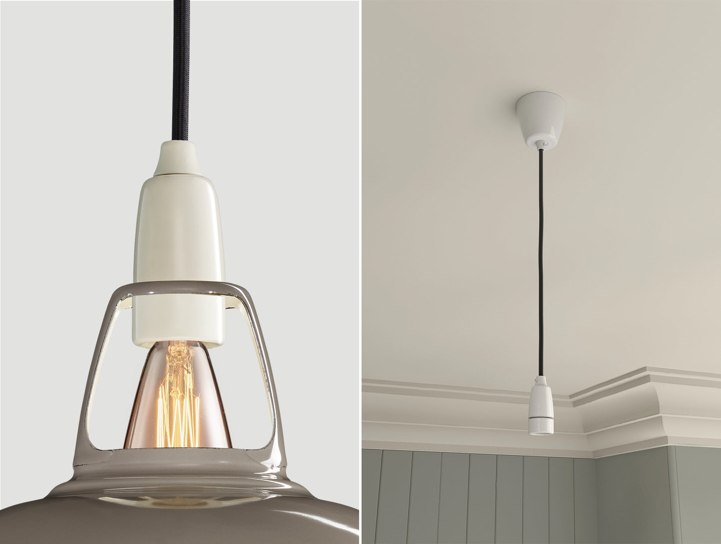 Close up of an E14 Porcelain suspension set on an Original Grey lampshade on the left. On the right, an E14 Porcelain pendant set is hanging from the ceiling