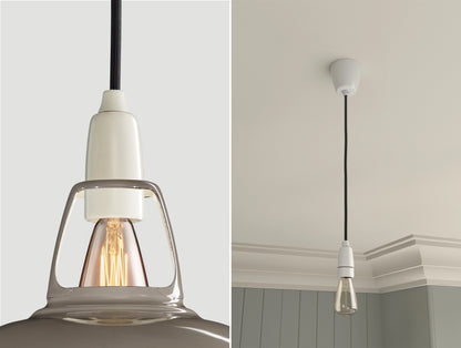 Close up of an E14 Porcelain suspension set on an Original Grey lampshade on the left. On the right, an E14 Porcelain pendant set with a lightbulb is hanging from the ceiling