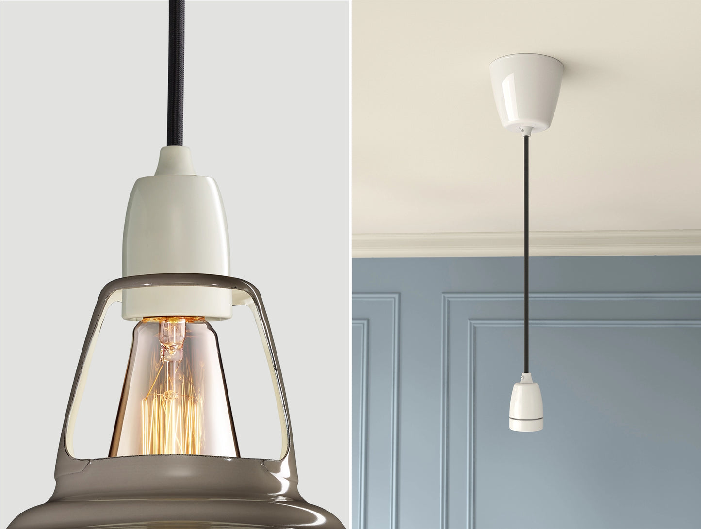 Close up of an E27 Porcelain suspension set on an Original Grey lampshade on the left. On the right, an E27 Porcelain pendant set is hanging from the ceiling