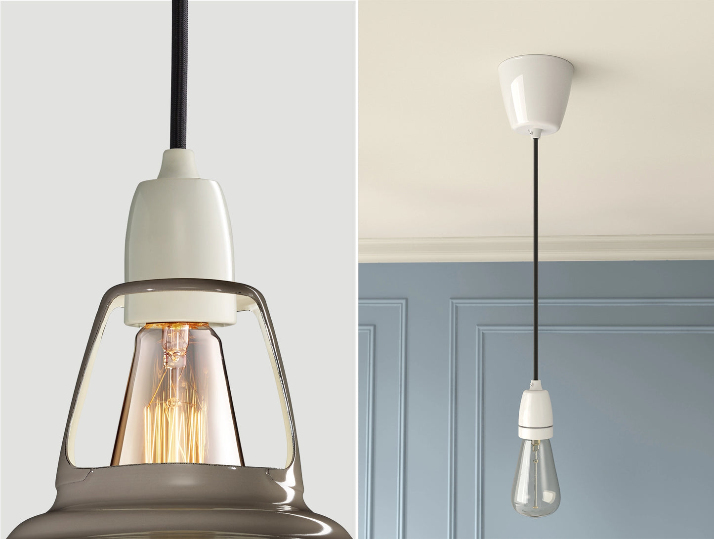 Close up of an E27 Porcelain suspension set on an Original Grey lampshade on the left. On the right, an E27 Porcelain pendant set with a lightbulb is hanging from the ceiling