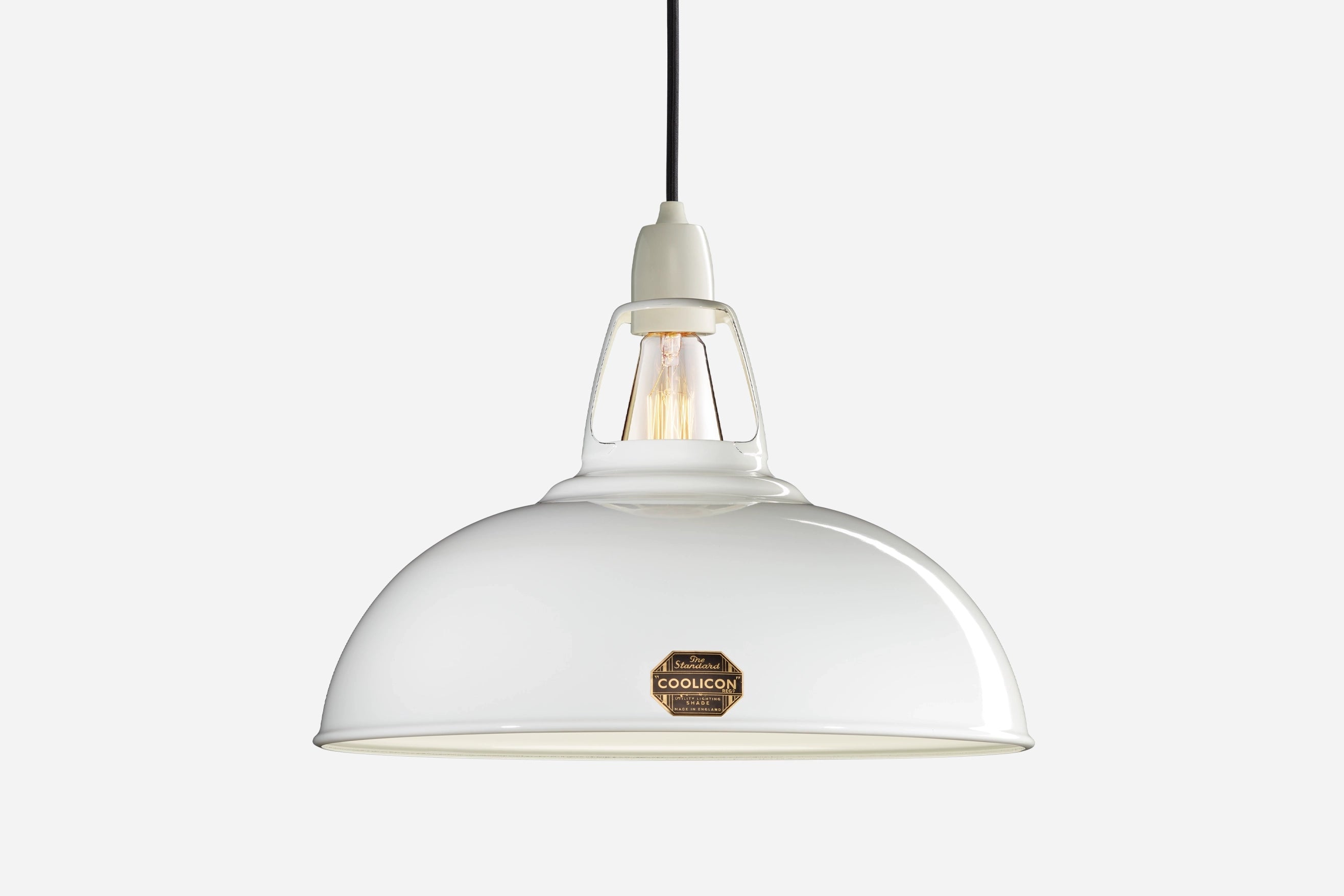 Large Original White Coolicon lampshade with an Industrial pendant set over a white background