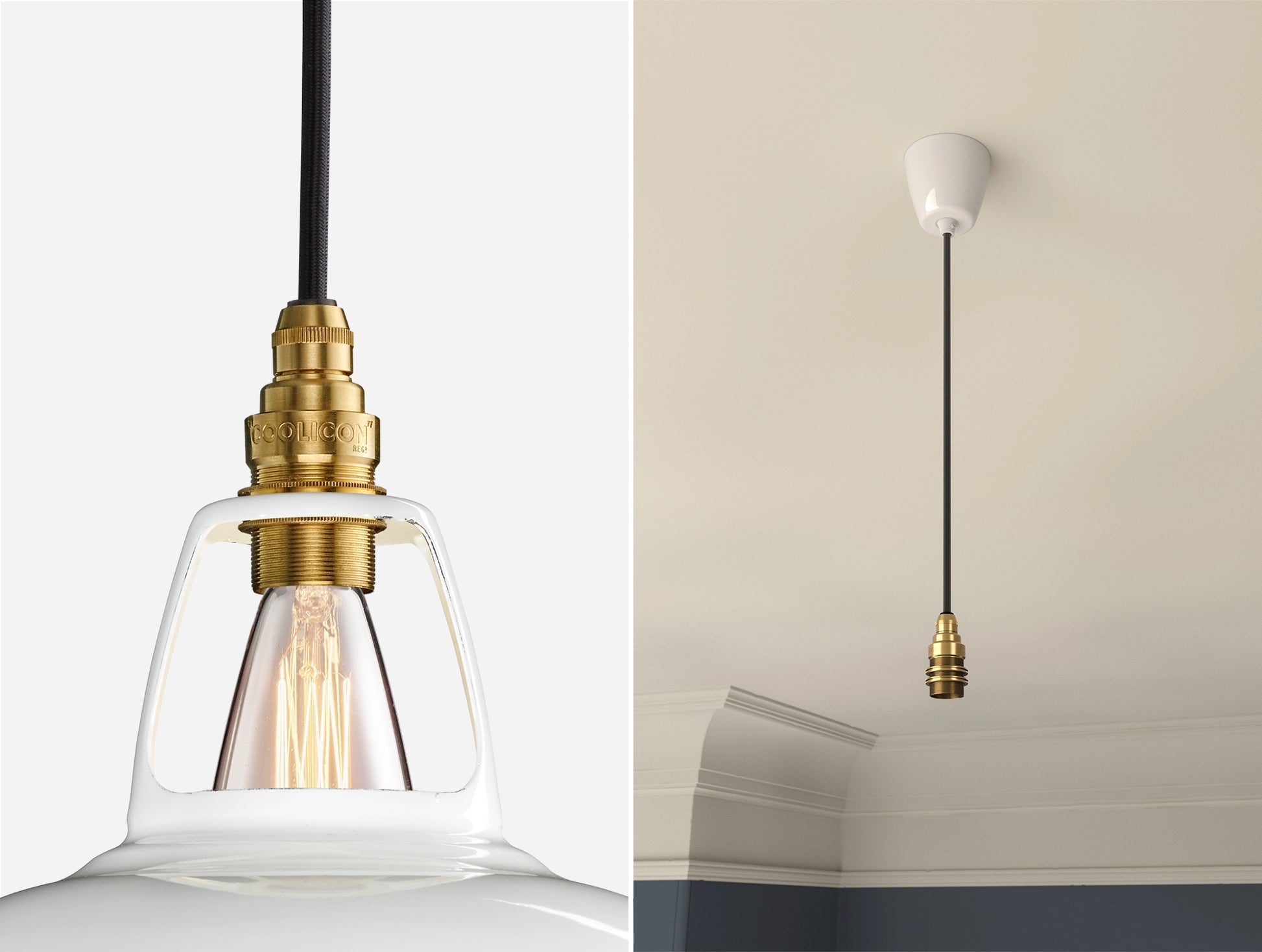 Close up of an E14 Signature Brass suspension set on a Original White lampshade on the left. On the right, an E14 Brass pendant set is hanging from the ceiling