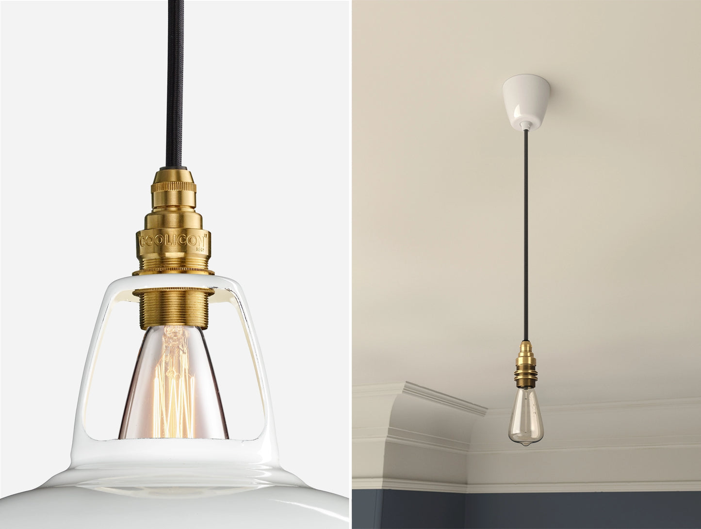 Close up of an E14 Signature Brass suspension set on a Original White lampshade on the left. On the right, an E14 Brass pendant set with a lightbulb is hanging from the ceiling