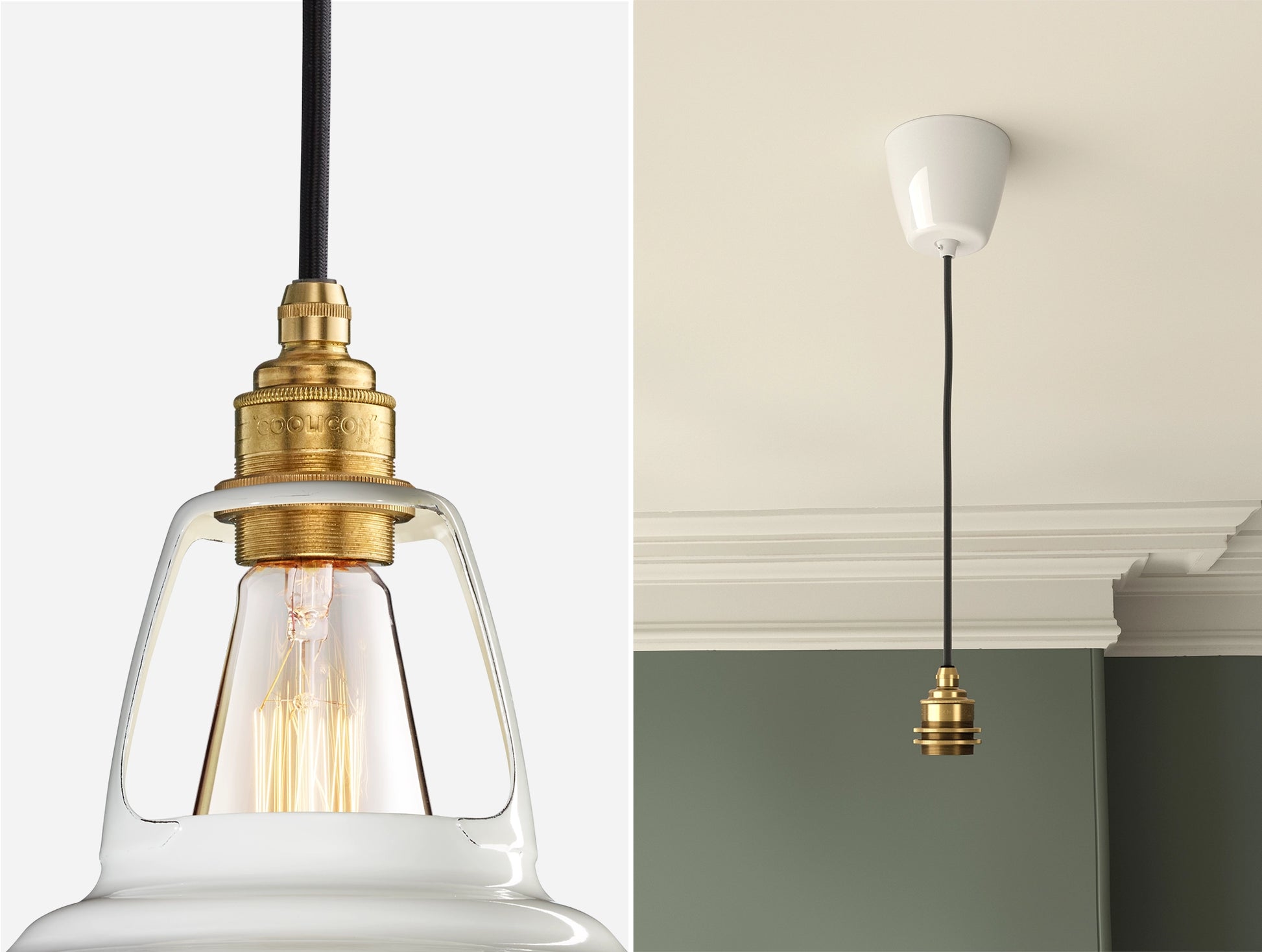 Close up of an E27 Signature Brass suspension set on a Original White lampshade on the left. On the right, an E27 Brass pendant set is hanging from the ceiling