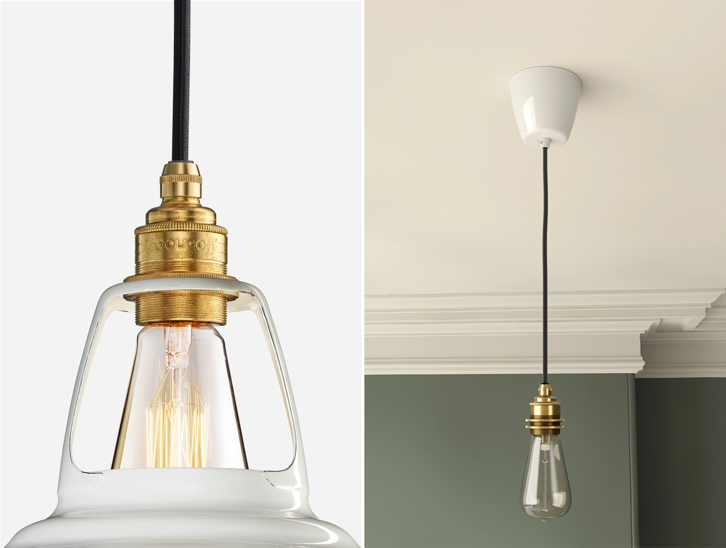 Close up of an E27 Signature Brass suspension set on a Original White lampshade on the left. On the right, an E27 Brass pendant set with a lightbulb is hanging from the ceiling
