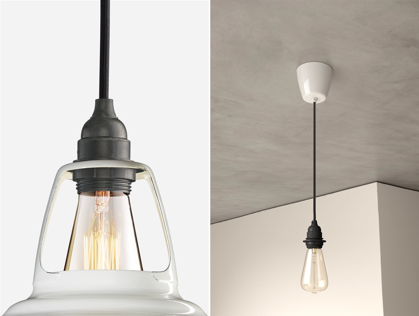 Close up of an E27 Industrial suspension set on a Original White lampshade on the left. On the right, an E27 Industrial pendant set with a lightbulb is hanging from the ceiling