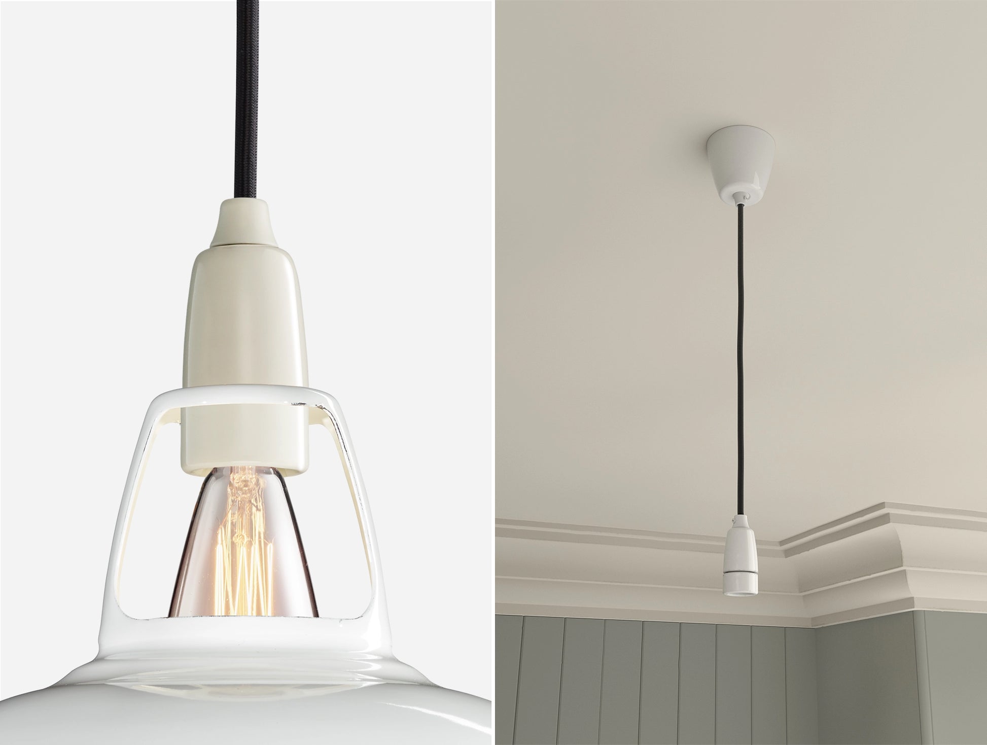 Close up of an E14 Porcelain suspension set on a Original White lampshade on the left. On the right, an E14 Porcelain pendant set is hanging from the ceiling