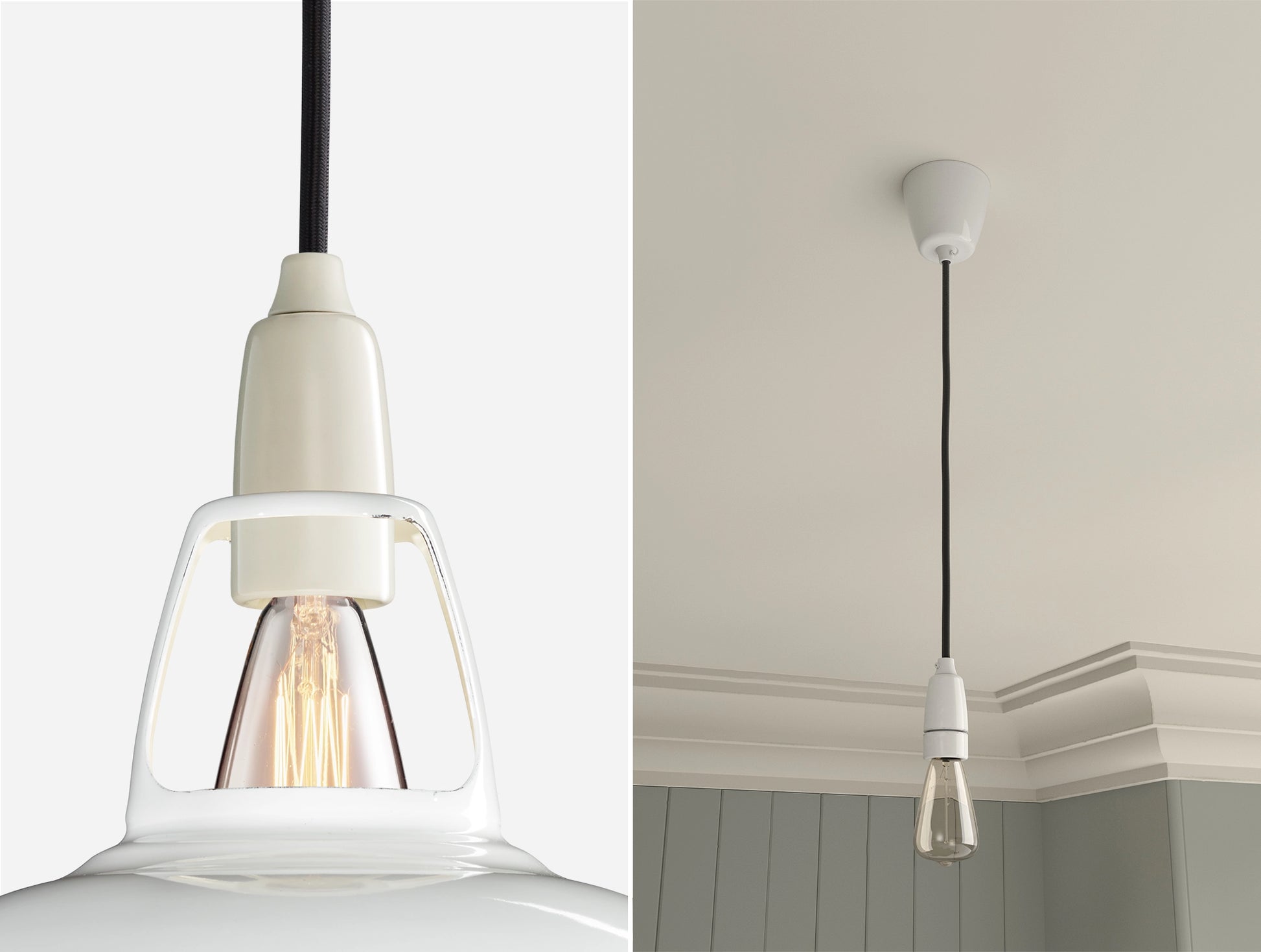 Close up of an E14 Porcelain suspension set on a Original White lampshade on the left. On the right, an E14 Porcelain pendant set with a lightbulb is hanging from the ceiling