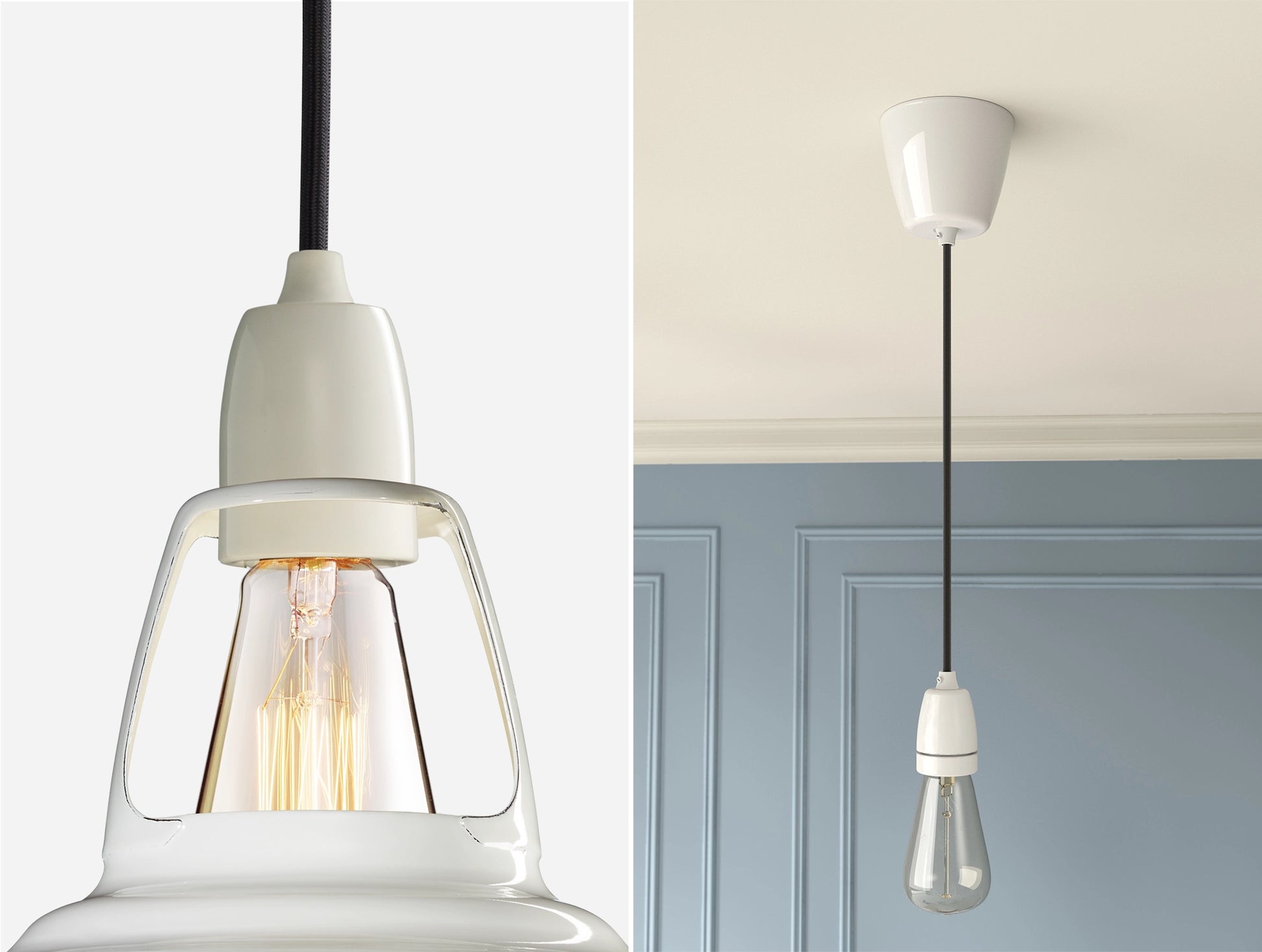 Close up of an E27 Porcelain suspension set on a Original White lampshade on the left. On the right, an E27 Porcelain pendant set with a lightbulb is hanging from the ceiling