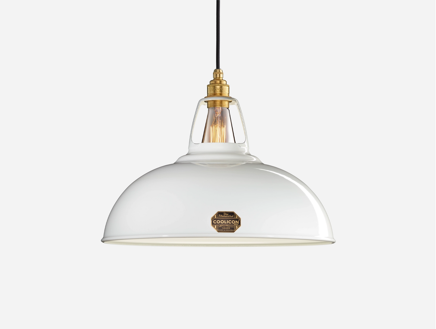 Large Original White Coolicon lampshade with a Signature Brass pendant set over a white background