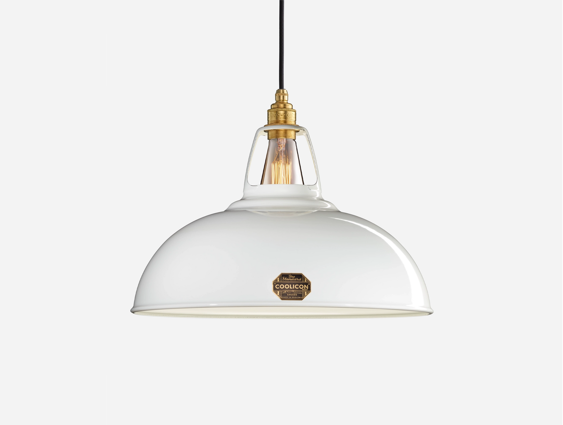 Large Original White Coolicon lampshade with a Signature Brass pendant set over a white background