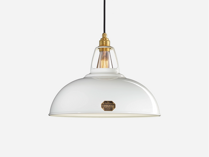 Large Original White Coolicon lampshade with a Signature Brass pendant set over a white background