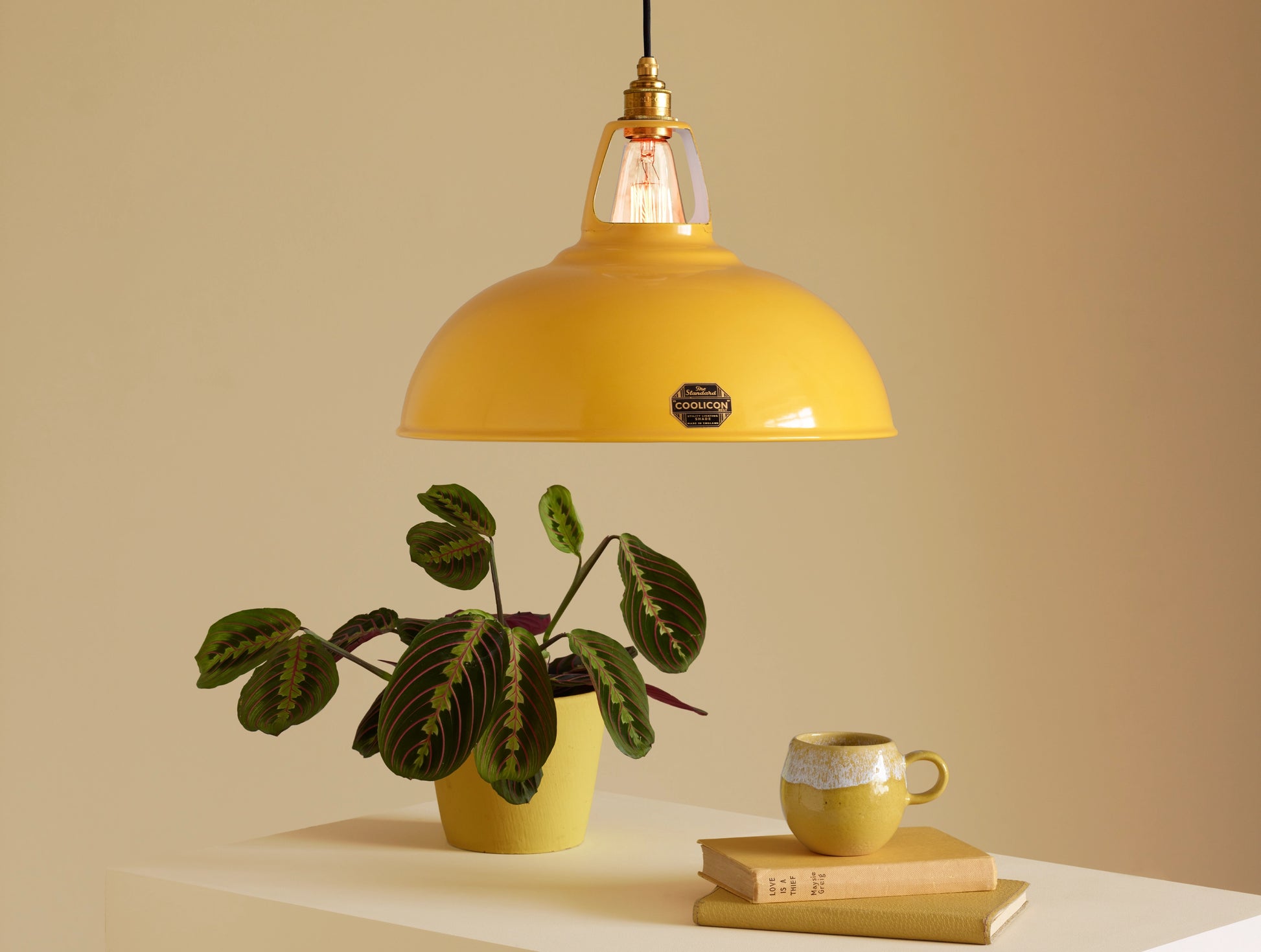 A Large Coolicon Deep Yellow lampshade hanging over a plinth. Below the shade is a pinstripe calathea plant in a yellow plant pot and a pile of yellow books and notebooks with a yellow cup on top