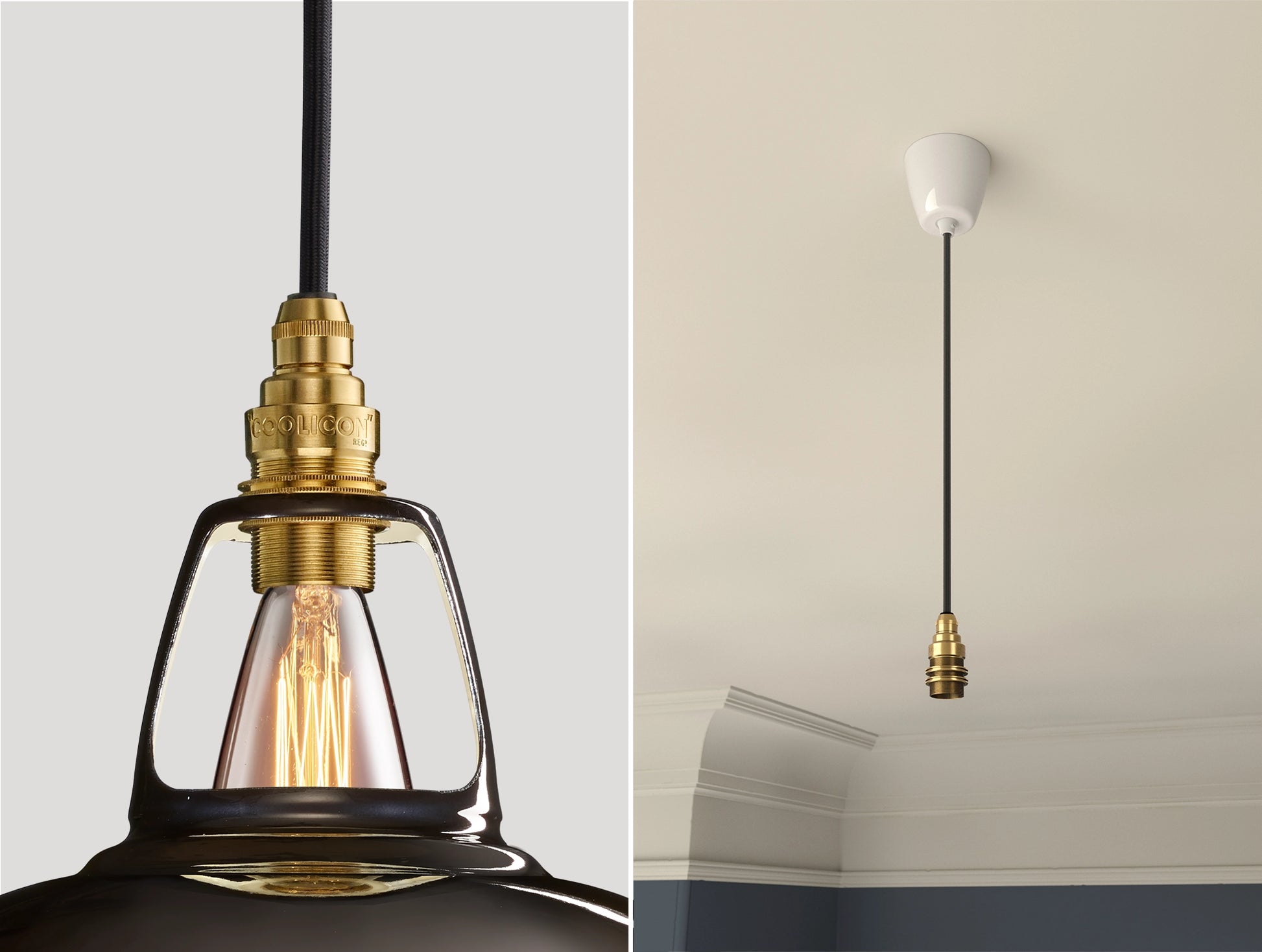 Close up of an E14 Signature Brass suspension set on a Pewter lampshade on the left. On the right, an E14 Brass pendant set is hanging from the ceiling