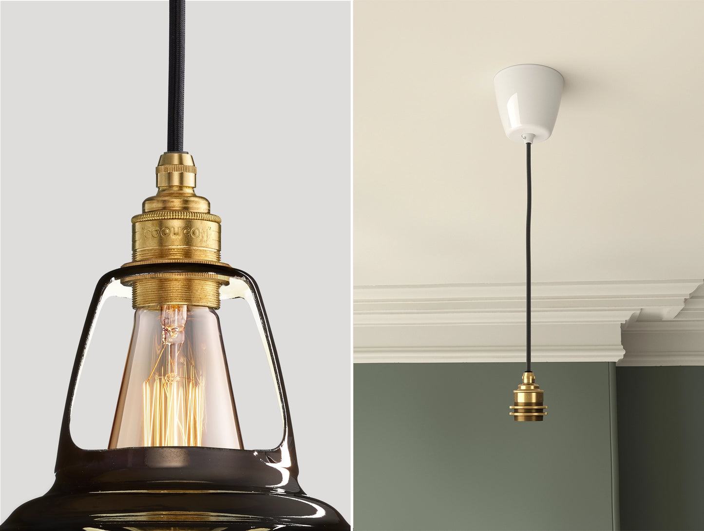 Close up of an E27 Signature Brass suspension set on a Pewter lampshade on the left. On the right, an E27 Brass pendant set is hanging from the ceiling