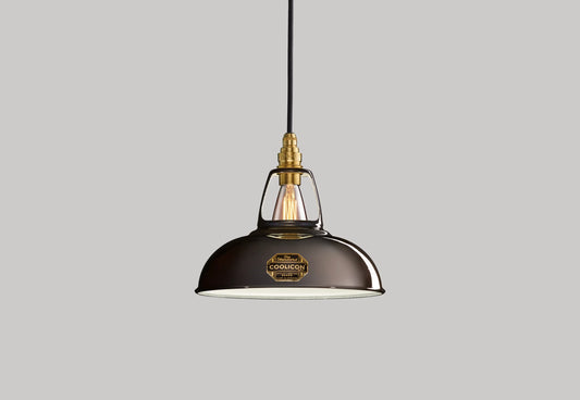 Pewter Coolicon lampshade with a Signature Brass pendant set over a light grey background