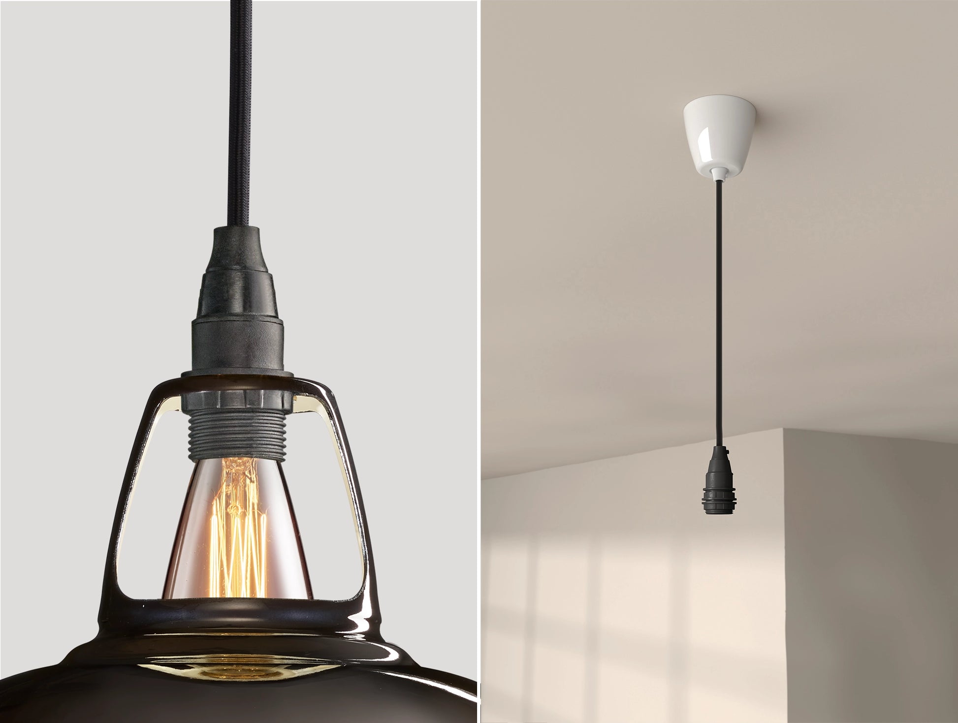 Close up of an E14 Industrial suspension set on a Pewter lampshade on the left. On the right, an E14 Industrial pendant set is hanging from the ceiling