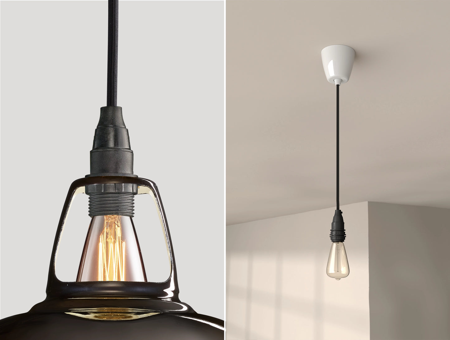 Close up of an E14 Industrial suspension set on a Pewter lampshade on the left. On the right, an E14 Industrial pendant set with a lightbulb is hanging from the ceiling