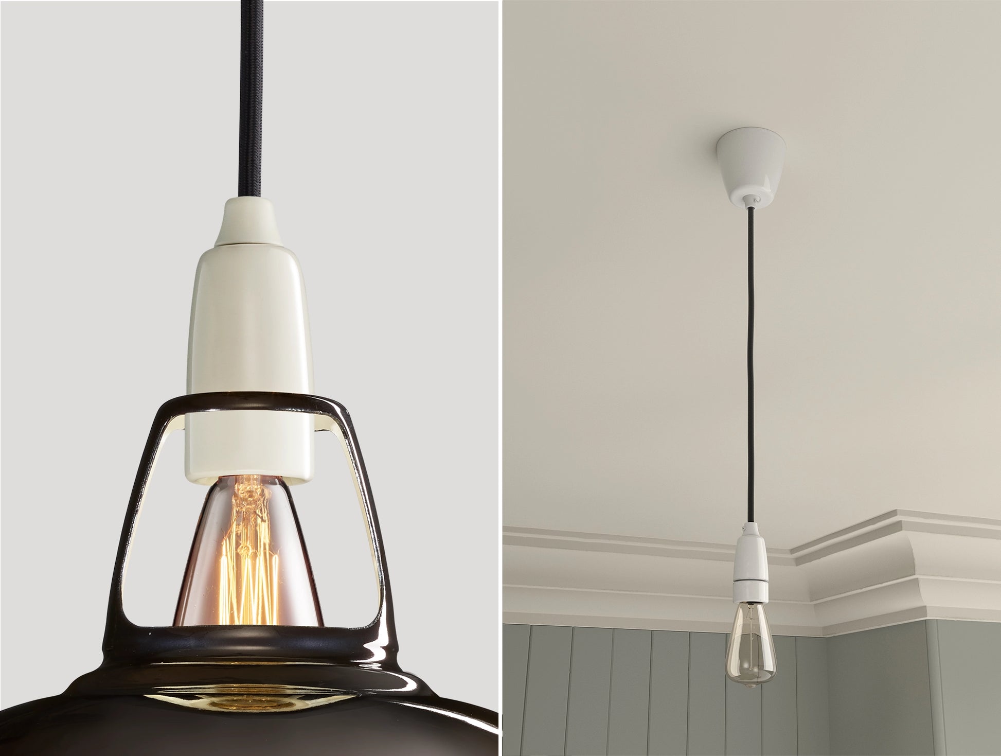 Close up of an E14 Porcelain suspension set on a Pewter lampshade on the left. On the right, an E14 Porcelain pendant set with a lightbulb is hanging from the ceiling