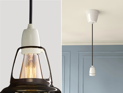 Close up of an E27 Porcelain suspension set on a Pewter lampshade on the left. On the right, an E27 Porcelain pendant set is hanging from the ceiling