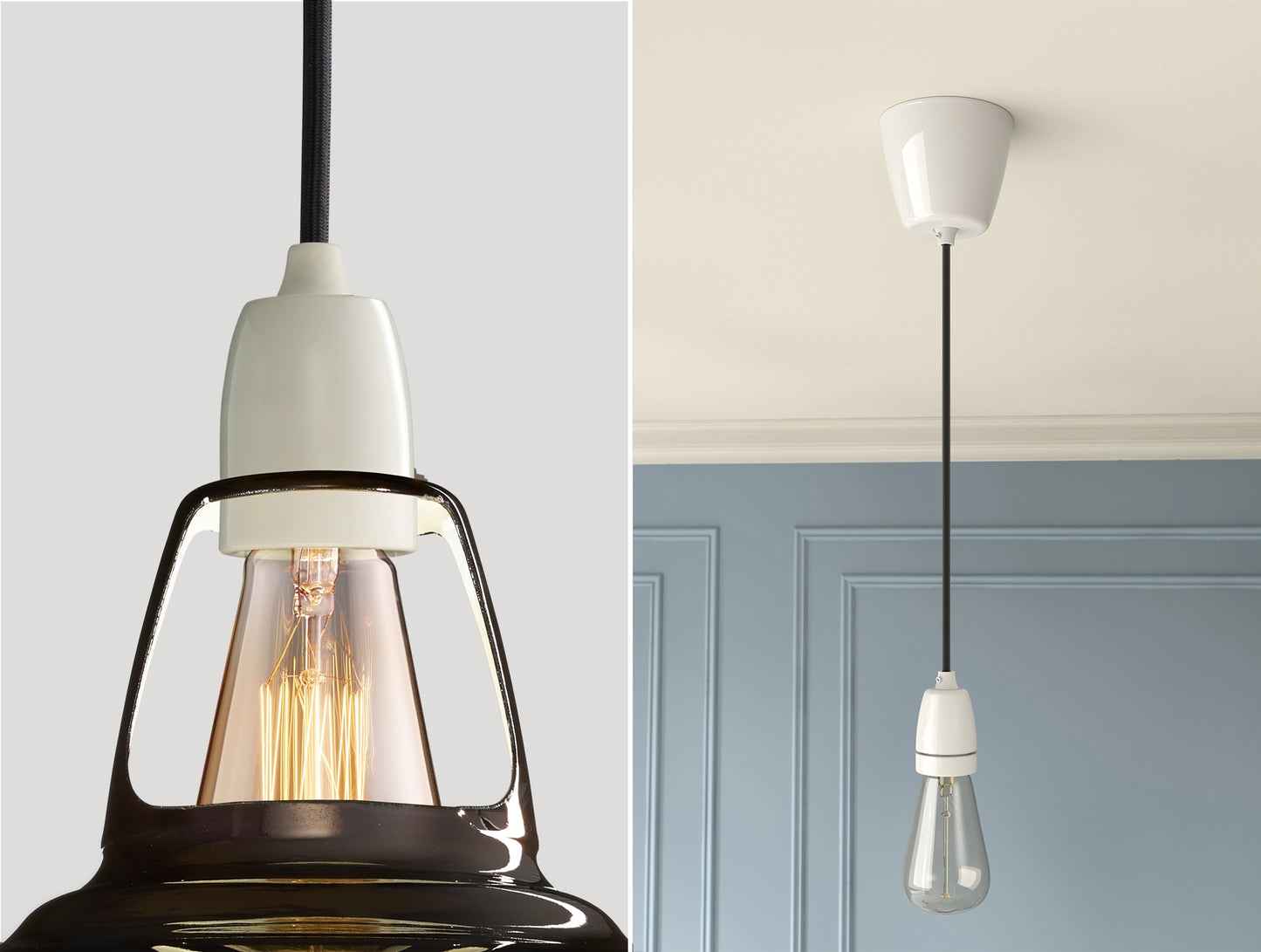 Close up of an E27 Porcelain suspension set on a Pewter lampshade on the left. On the right, an E27 Porcelain pendant set with a lightbulb is hanging from the ceiling