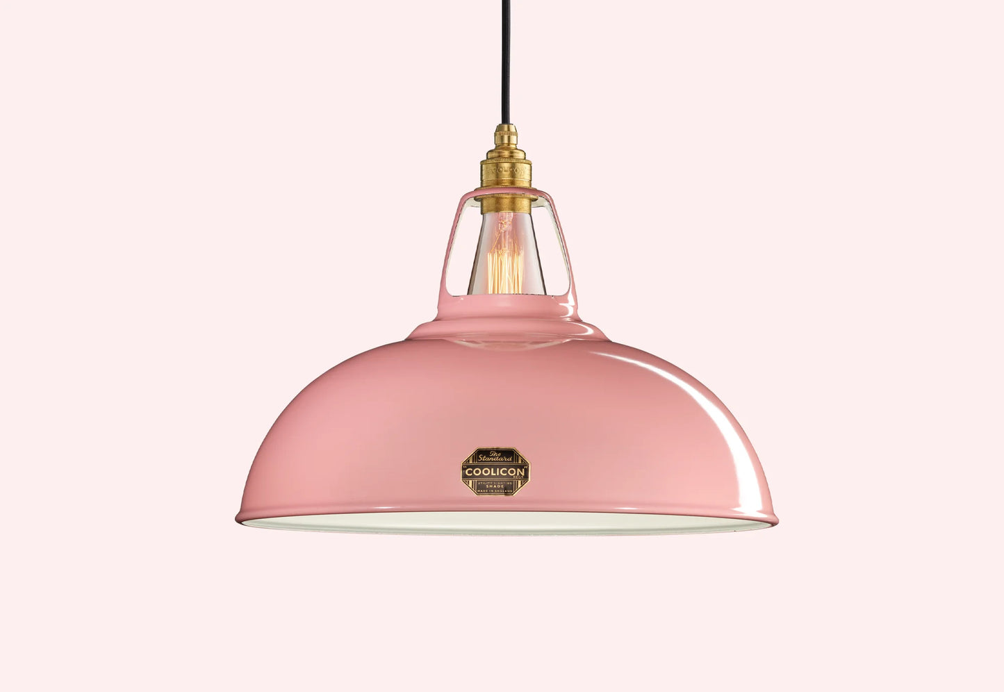 Large Powder Pink Coolicon lampshade with a Porcelain pendant set over a light pink background
