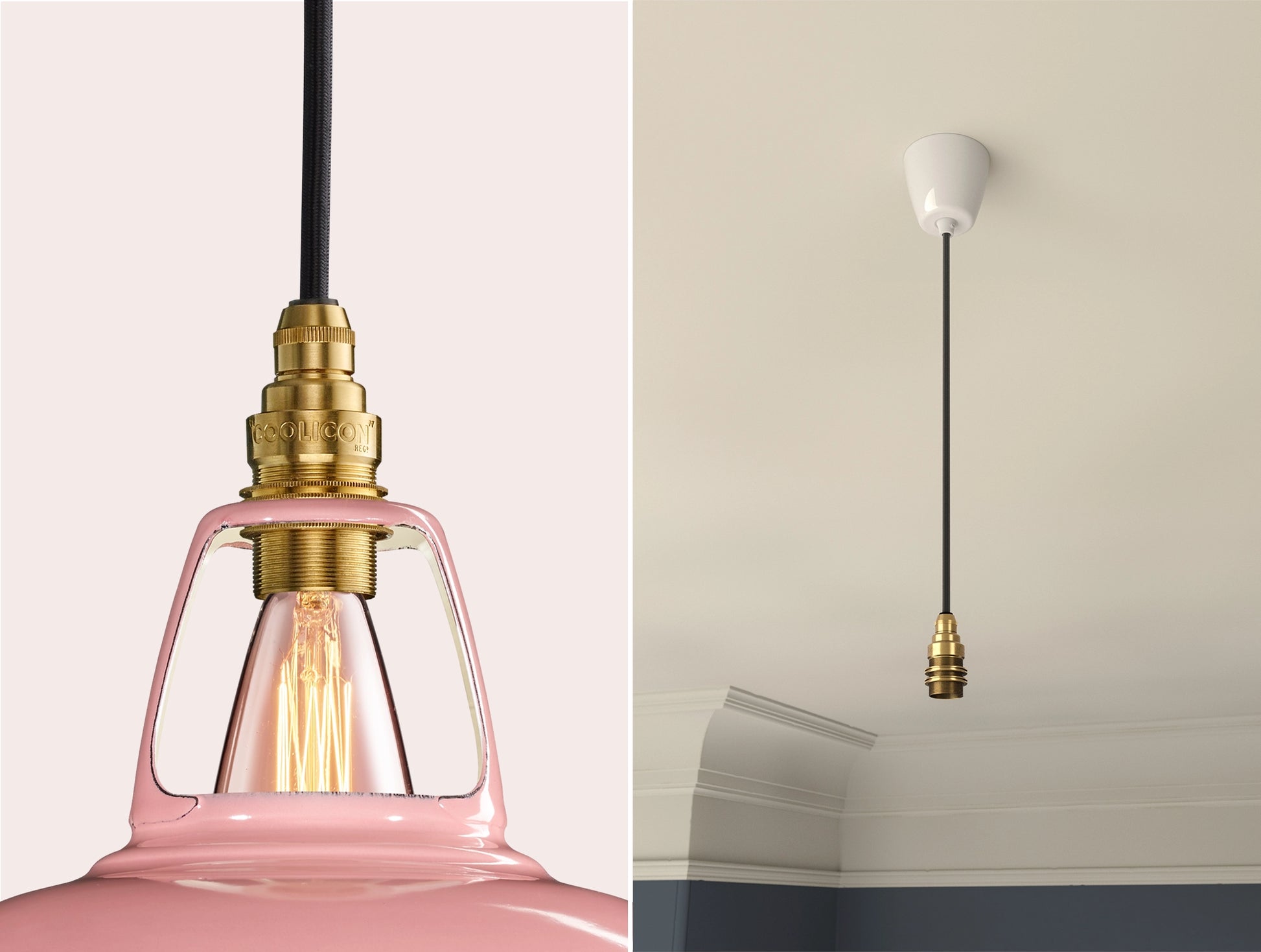 Close up of an E14 Signature Brass suspension set on a Powder Pink lampshade on the left. On the right, an E14 Brass pendant set is hanging from the ceiling