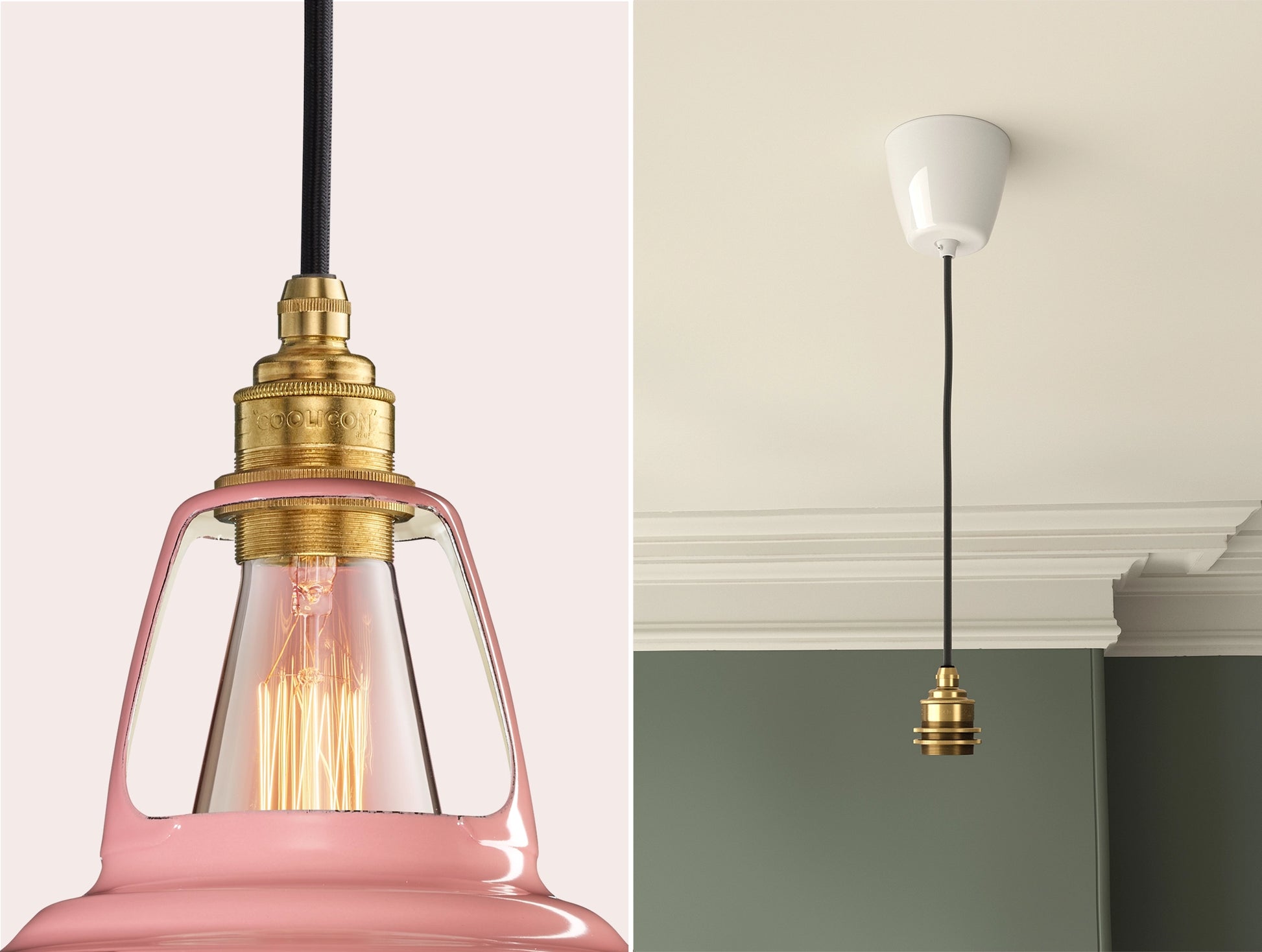Close up of an E27 Signature Brass suspension set on a Powder Pink lampshade on the left. On the right, an E27 Brass pendant set is hanging from the ceiling