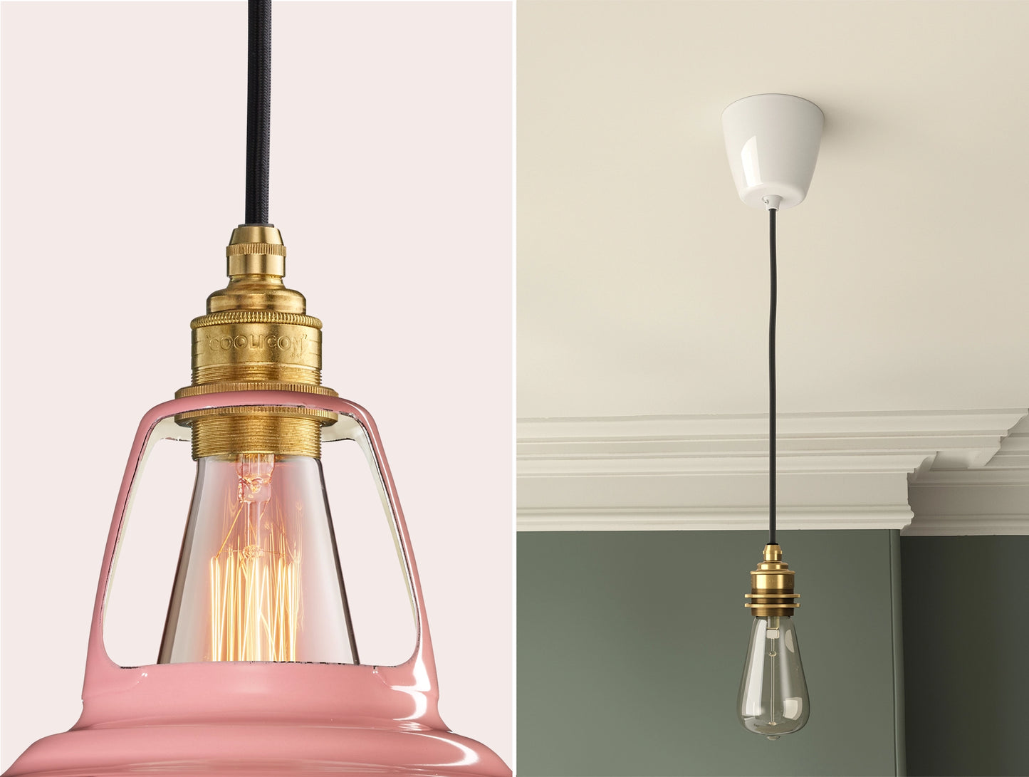 Close up of an E27 Signature Brass suspension set on a Powder Pink lampshade on the left. On the right, an E27 Brass pendant set with a lightbulb is hanging from the ceiling