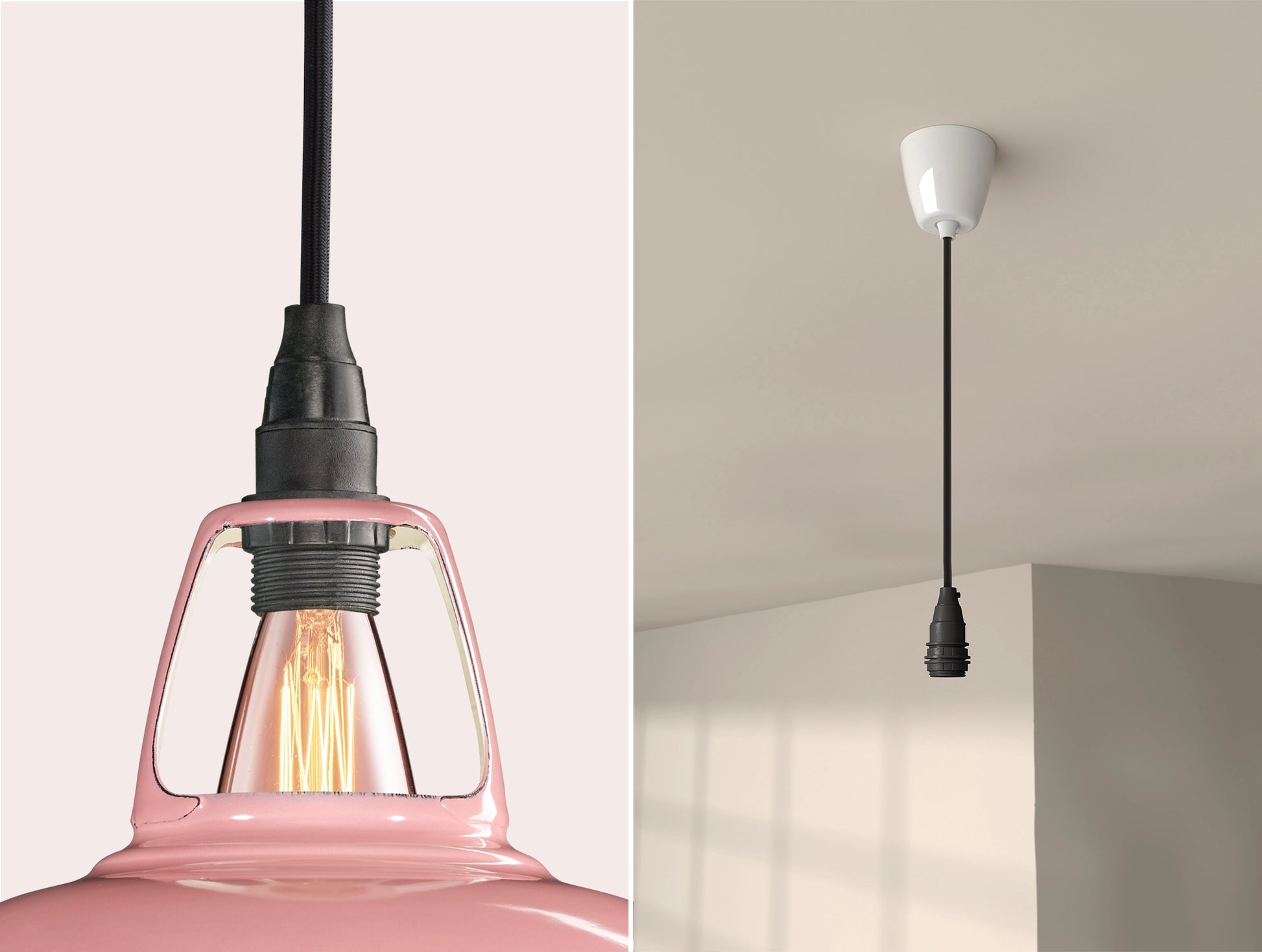 Close up of an E14 Industrial suspension set on a Powder Pink lampshade on the left. On the right, an E14 Industrial pendant set is hanging from the ceiling