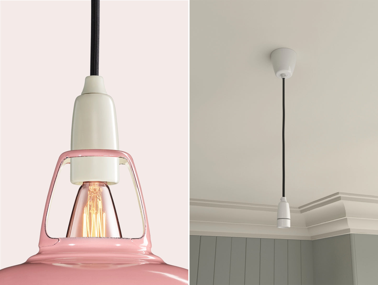 Close up of an E14 Porcelain suspension set on a Powder Pink lampshade on the left. On the right, an E14 Porcelain pendant set is hanging from the ceiling