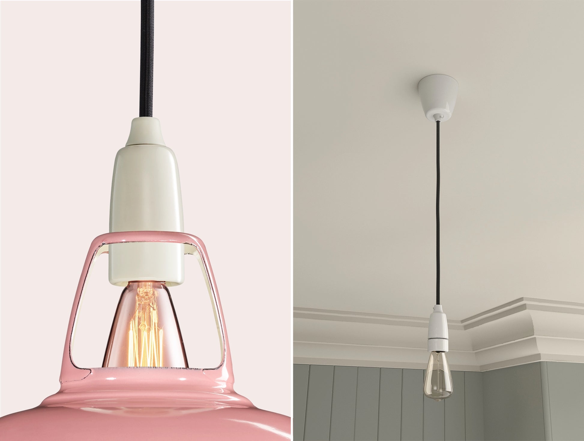 Close up of an E14 Porcelain suspension set on a Powder Pink lampshade on the left. On the right, an E14 Porcelain pendant set with a lightbulb is hanging from the ceiling
