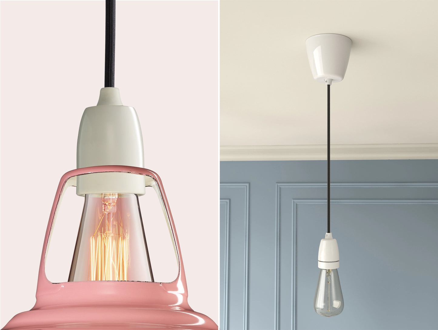 Close up of an E27 Porcelain suspension set on a Powder Pink lampshade on the left. On the right, an E27 Porcelain pendant set with a lightbulb is hanging from the ceiling