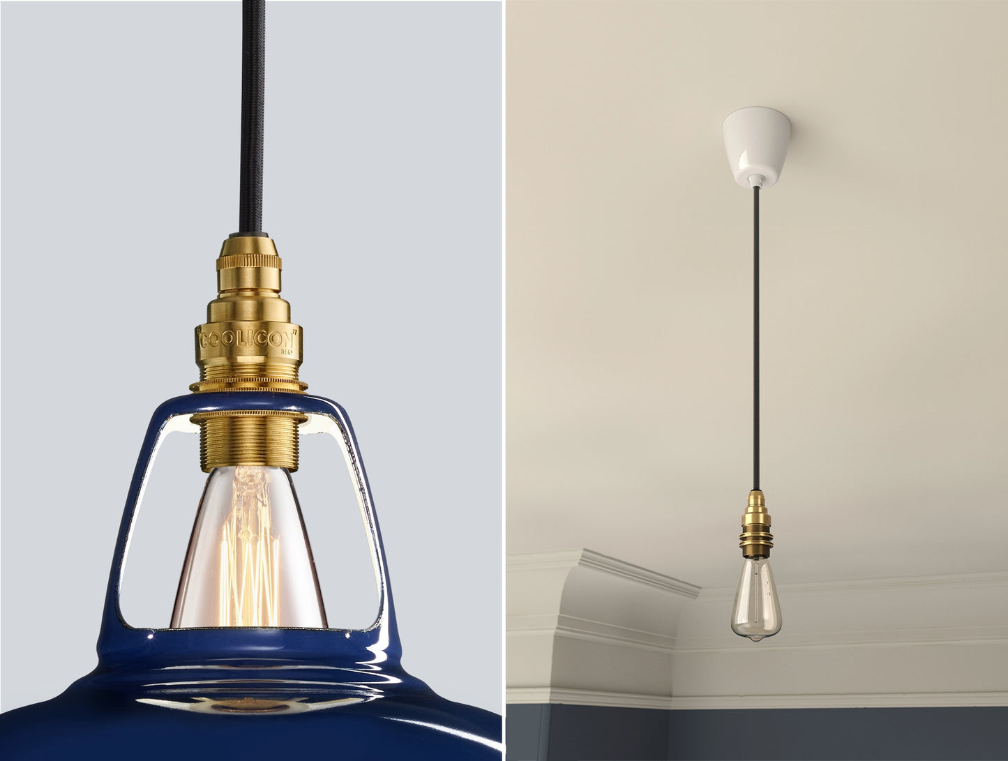Close up of an E14 Brass suspension set on a Royal Blue lampshade on the left. On the right, an E14 Industrial pendant set with a lightbulb is hanging from the ceiling