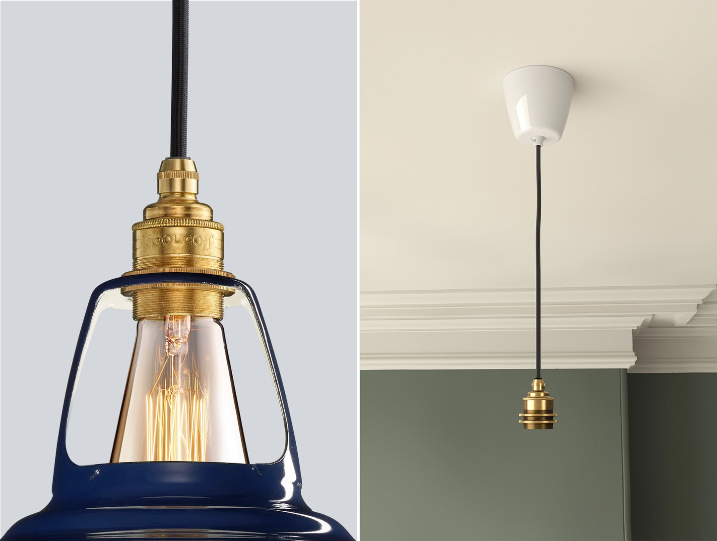 Close up of an E27 Brass suspension set on a Royal Blue lampshade on the left. On the right, an E27 Industrial pendant set is hanging from the ceiling